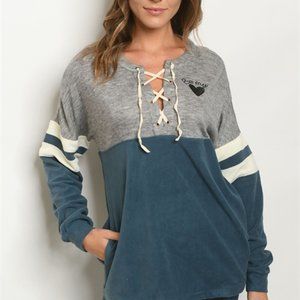 GRAY & TEAL CRISS-CROSS TUNIC SWEATER